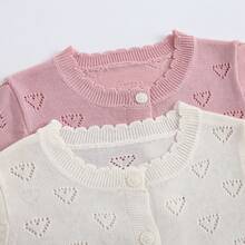 Spring/Summer Lightweight Baby Girl Knit Cardigan Set, Sweet Heart Hollow Princess Style Top With Ruffle Trim Round Neck Single-Breasted, 0-3 Years Old Baby Girl Air Conditioning Sweater Outerwear - Pink - View 3