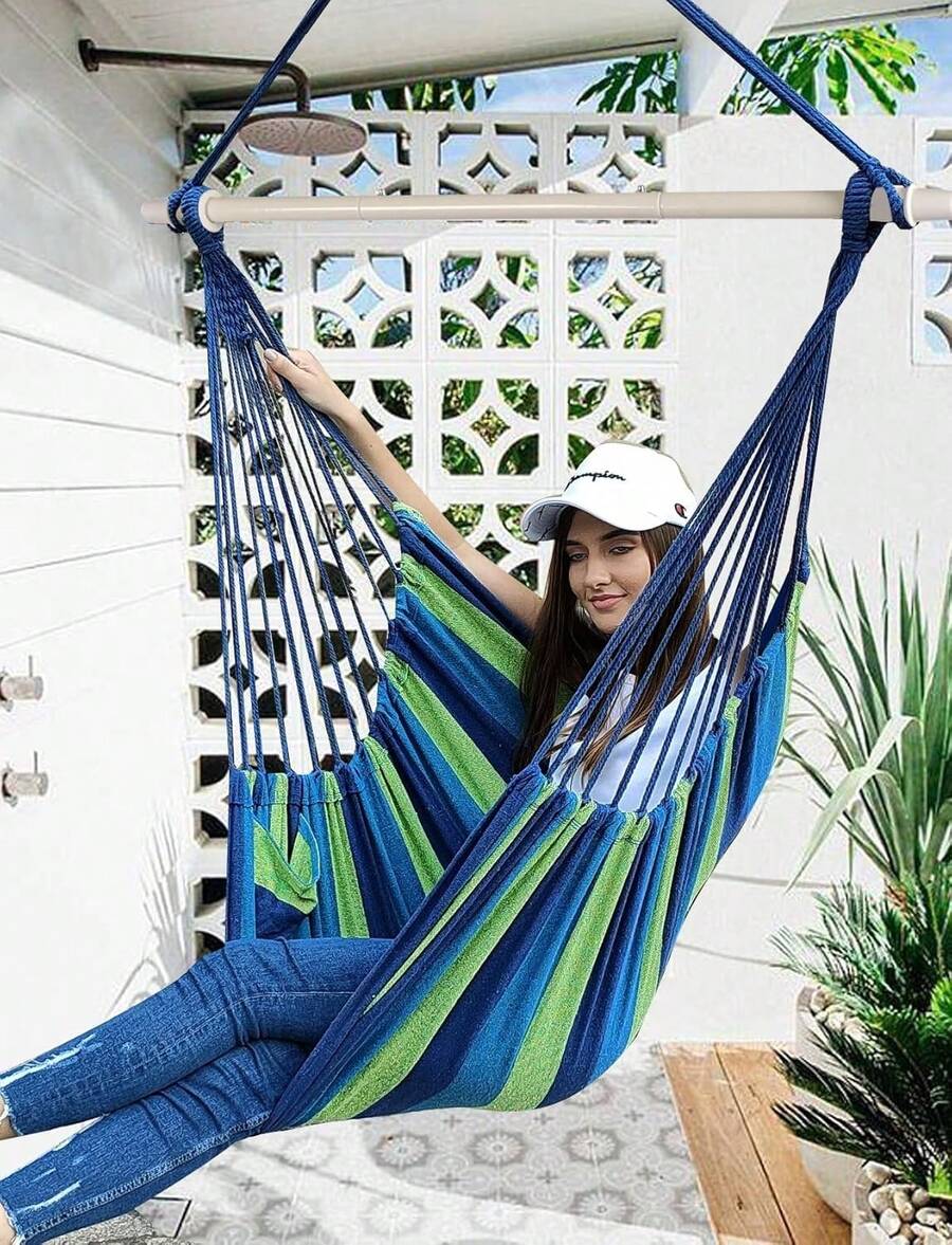 Hammock Chair Swing With Ropes - Maximum Weight Capacity 500 Lbs - Includes 2 Cushions - Steel Support Pole With Anti-Slip Rings - Suitable For Any Indoor Or Outdoor Space Unwind In Your Hammock Chair In The Bedroom, On The Patio, In The Courtyard, Or In The Garden. This Comfortable Chair Lets You Sit Suspended, Gently Swaying In The Breeze. (Available In Multiple Colors) - B - Xem 1
