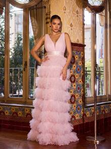 Faeriesty 女士优雅正式晚礼服，V领设计，修身剪裁，多层薄纱，层叠蛋糕式设计，薄纱拼接，修身剪裁，适合出席盛大舞会、黑领结晚宴、正式婚礼、颁奖典礼及其他正式场合。粉色系春季派对 - 粉色 - 查看 1