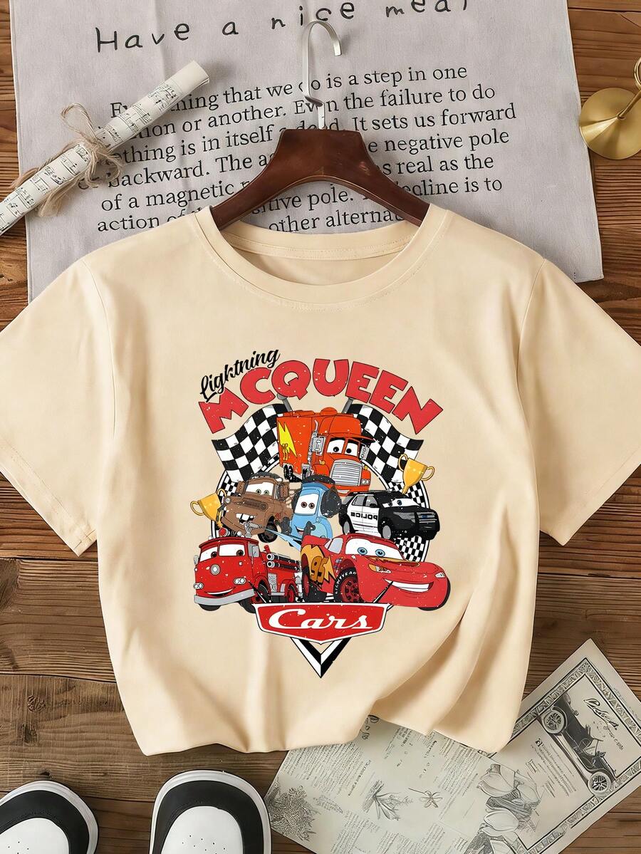 1pc Disney Lightning McQueen & Friends Nostalgic Racing Graphic Tween Boys Casual T-Shirt - Soft, Breathable, Ideal For Daily Wear & Weekend Outings - Màu be - Xem 1