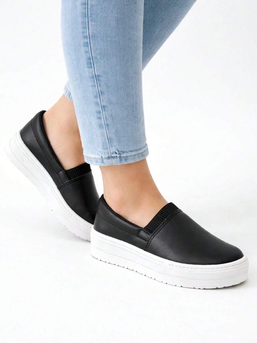 Women's Casual PU Leather Slip-On Sneakers For School And Outdoor Activities - màu đen - Xem 1