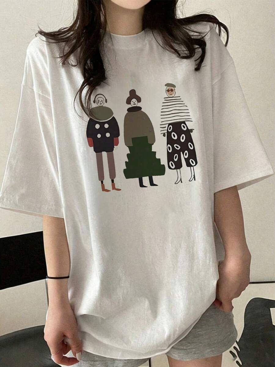 Women's Loose Fit Round Neck Short Sleeve Letter & Cartoon Print T-Shirt, Spring/Summer - White - View 1