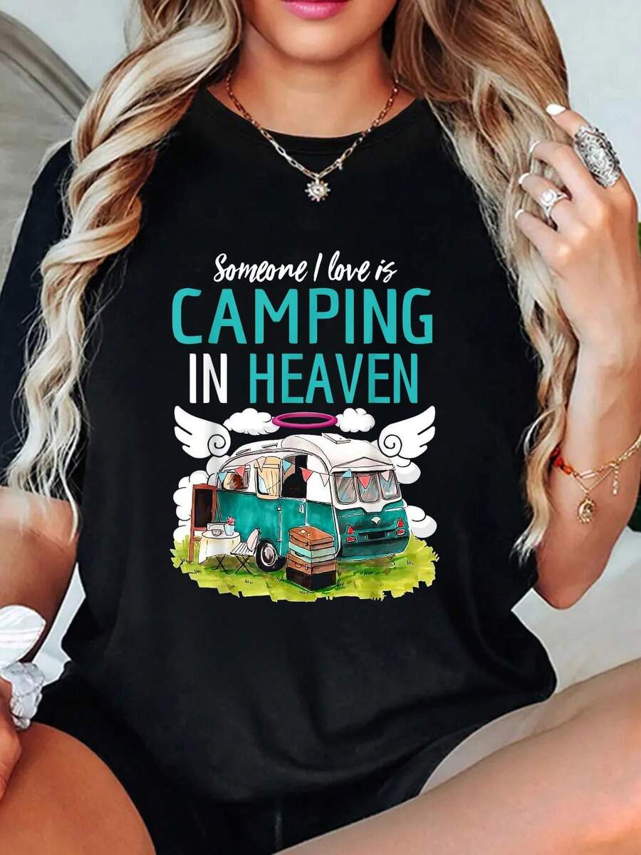 Someone I Love Is Camping In Heaven T-Shirt, Tops For Women, Vacation Outfits Woman, Summer Tops - Black - View 1