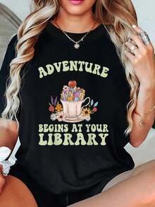 playeras de algodón mujer, Camiseta estampada para mujer del programa de lectura de verano "La aventura comienza en tu biblioteca" conjuntos de mujer tops - Negro - Ver 6