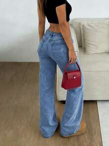 Europe And The United States Explosion Rivet Technology Simple Women's Denim Straight Pants, Fashion Wild Party Loose Denim Trousers, Party Commuting Daily Wear. - 中等水洗藍 - 查看 3