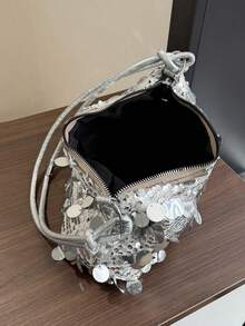 1pc Gold-Tone Glittery Crescent Moon Sha Pe PVC Shoulder Bag For Women - Silver - View 8