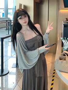 夏季灰色薄纱针织开衫 - 优雅、简约、甜美休闲街头Y2K风格长袖落肩宽松短款女式针织开衫/上衣 | 适合年轻女士、女士、甜美女孩、Y2K女孩和时尚人士，完美适用于情人节/妇女节/母亲节/休闲聚会/海滩度假/派对/返校季/婚礼季/音乐节/2026极简薄纱针织开衫 - 灰色 - 查看 6