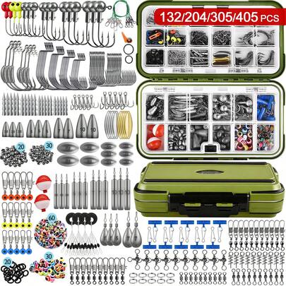 OPQ 132/204/305/405pcs Fishing Accessories Kit Fishing Tackle Box Included, Fishing Hooks, Fishing Weights Sinkers, Fishing Gear And Equipment, Fishing Gift For Men