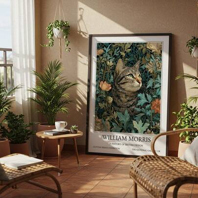 1幅无框威廉·莫里斯虎斑猫花卉艺术版画，复古植物猫咪海报，适用于客厅、卧室、宿舍、返校季、墙面装饰、房间装饰礼品