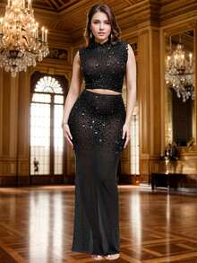 Top sin mangas de cuello redondo y espalda descubierta sexy, combinado con falda larga con abertura y decorado con cristales brillantes. Conjunto de dos piezas formal para cena y fiesta de cumpleaños para mujer - Negro - Ver 3