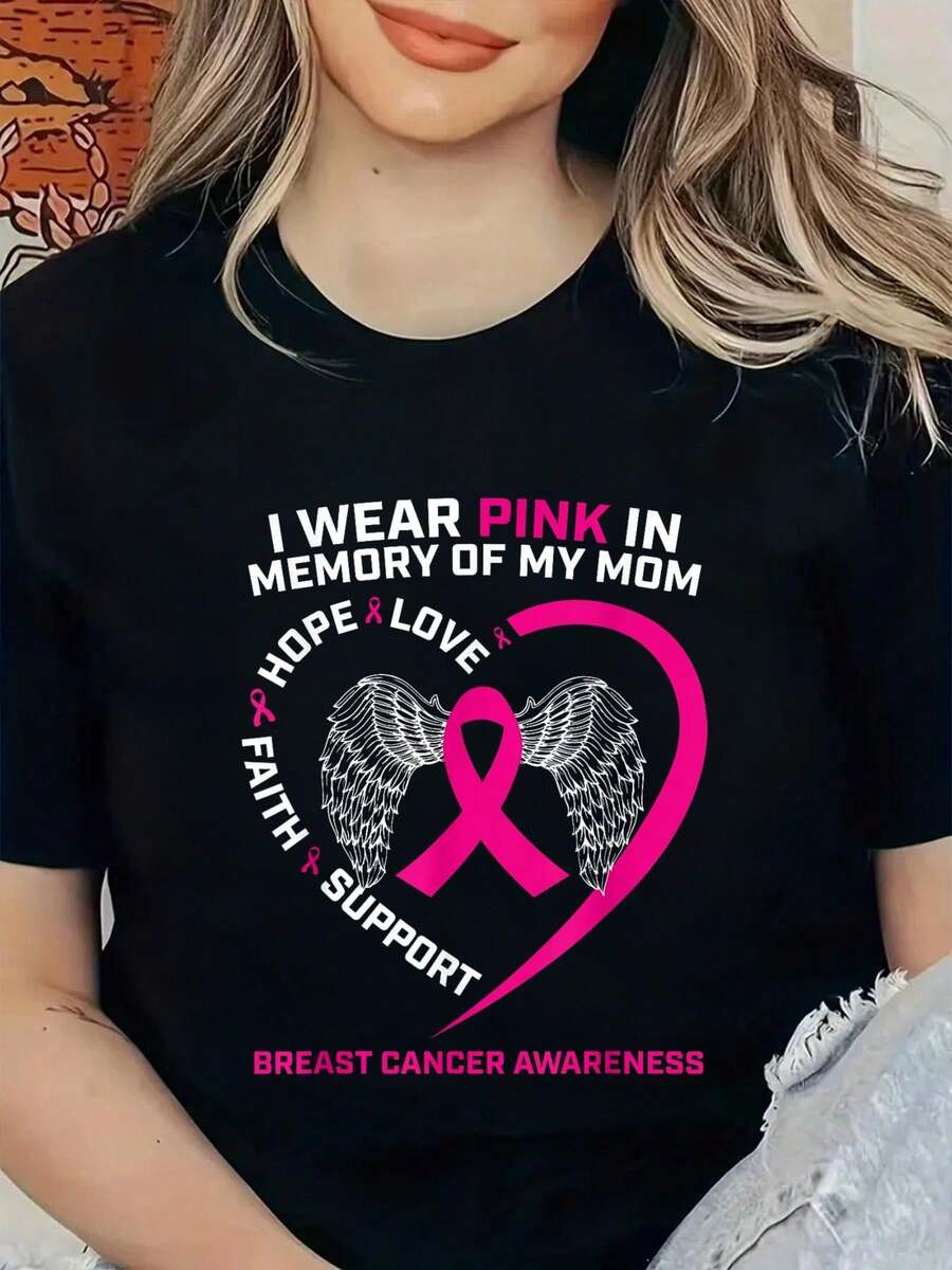 Regalo: Uso Rosa en Memoria de Mamá, Camiseta de Concientización sobre el Cáncer de Mama, Camisetas Gráficas para Mujer - Negro - Ver 1