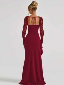 Women's Elegant Lace Slit Sexy Party Nightclub Holiday Wedding Long Dress Spring - Burgundy - View 4