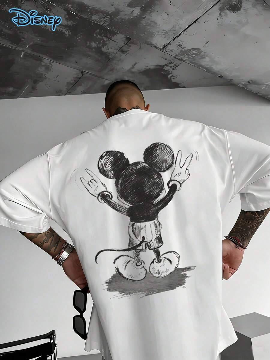 Disney Mickey Mouse Cotton T-Shirt, Funny Shirts, Mickey Mouse T-Shirt, Creative And Versatile, Unisex T-Shirt, Graphic Tees Men, 220g Pure Cotton Disney Printed Round Neck Short Sleeved T-Shirt, Suitable For Family Travel, Gatherings, Streetwear, Daily Wear And Vacations, Couple Outfit, Men's Summer Clothes, Gift - White - View 1