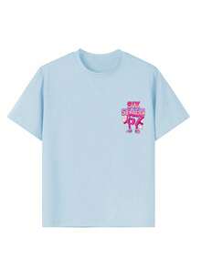 Camiseta rosa con estampado de dígitos coloridos "SEIS SIETE" 6 7 de dibujos animados para niña preadolescente, adecuada para uso diario, estilo callejero, eventos, y como top de verano casual y versátil - Celeste - Ver 6