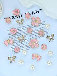 22pcs Pink & Gold Flower Heart Hole Shoe Charms, Rhinestone + Pearl Material, Luxury Sweet Girl Style, Suitable For Hollow Out Clogs - Cherry Blossom Bow Set - View 8
