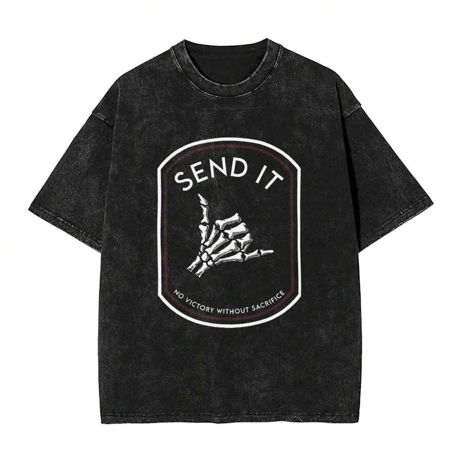 Send It No Victory Without Sacrifice Graphic Tee Vintage Washed Cotton Short Sleeve T-Shirt, Casual Round Neck, Lightweight Breathable Fabric, Ideal Outfits & Clothes For Motivational Lovers, Workouts Travel & Relaxing, Great Gift For Fashion-Forward Men - 黑色 - 查看 1