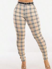 Butt Lift Stretchy Plaid Skinny Ankle Pants Cream - 彩色 - 查看 3