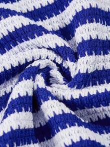 Women's Blue Striped Elegant Casual Sexy Strapless Bandeau Notch Neck Crop Top High Waisted Wide Leg Pants Two Pieces Set Summer Spring Beach Vacation Spring Break Co-Ord Sets - Blue - View 8