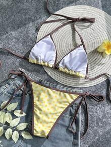 女士比基尼泳装，条纹、波点、纯黄色，休闲泳装，内置胸罩吊带背心上衣，适合度假、海滩，优雅套装，适合女士派对、度假村、都市海滩之旅，波西米亚风格，春夏海滩装 - 黃色 - 查看 5