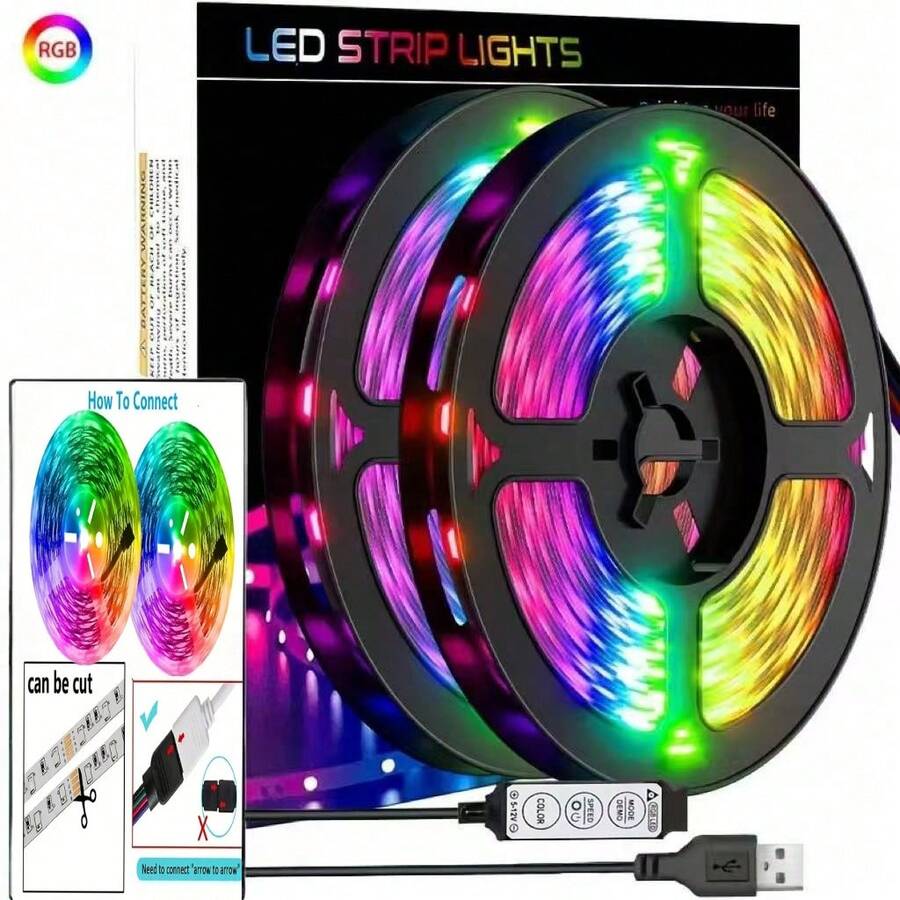 1卷多尺寸RGB LED灯带（16.4-98英尺），数据线和按钮直接控制，无遥控器，色彩鲜艳，适用于客厅、卧室、电视背景墙、办公桌等多种场景，是开斋节礼物、家居装饰、派对氛围装饰的理想之选！