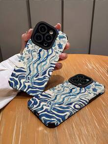 1pc Fashionable Unique Blue Jellyfish Textured Pattern Vertical Striped Elegant Protective Phone Case, Suitable As Birthday/Holiday Gift For Friends, Family, Couples, Compatible With Apple And Models - Multicolor - View 2