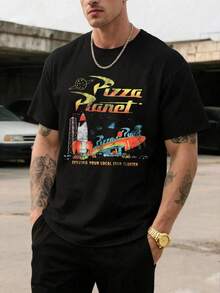 Men's Disney Casual T-Shirt, "Pizza Planet" Toy Story Print, Retro Space Design, Comfortable Soft Fabric, Perfect For Movie Fans & Theme Park Visits - Black - View 1