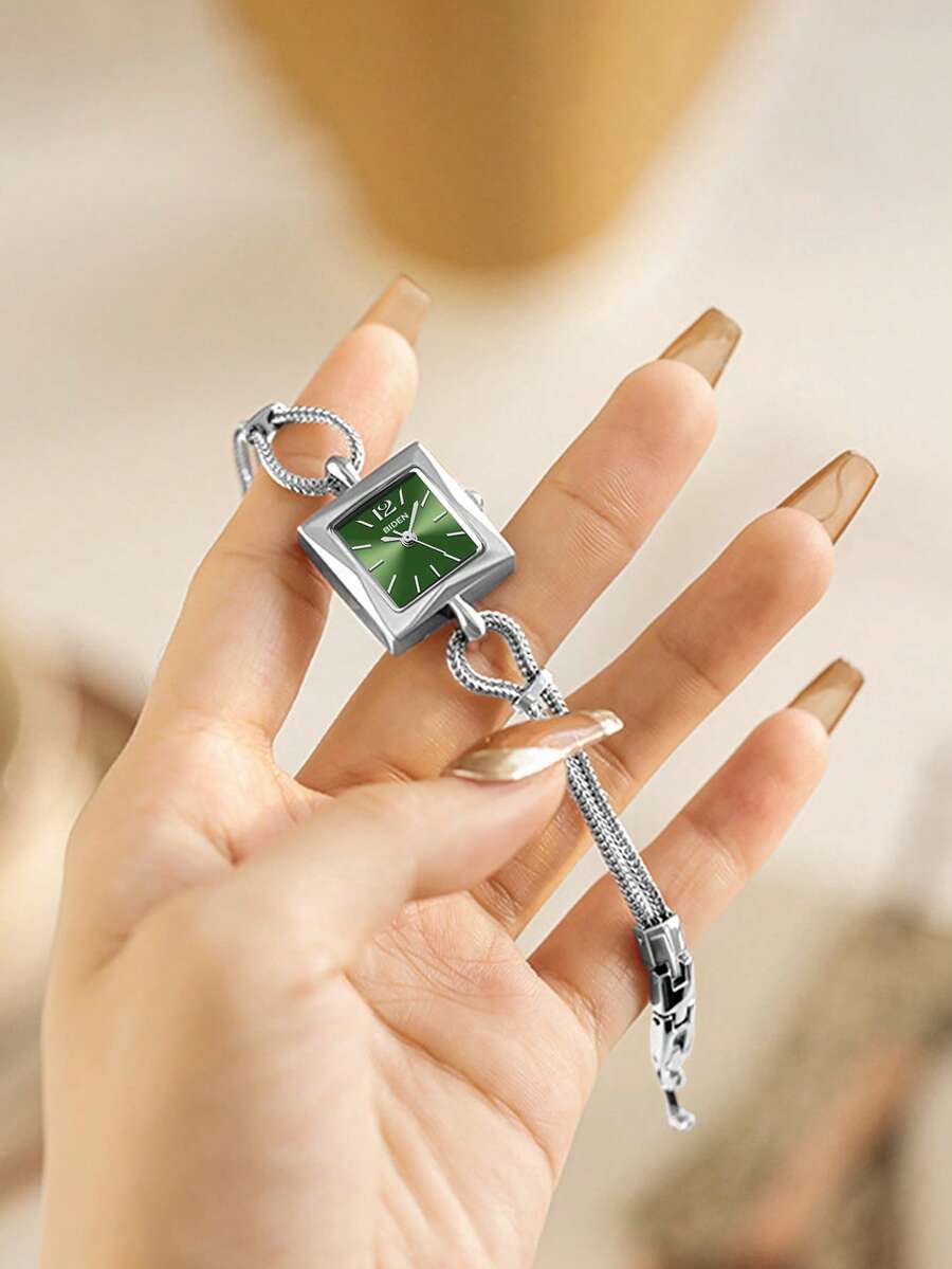 BIDEN 1 件女士手表，复古奢华银色手镯式手表，时尚简约优雅石英表，适合日常佩戴，女士礼物 - 綠色 - 查看 1