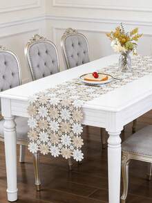HXARTMIS 1pc Hollow Bicolor Sunflower Lace Tablecloth/Table Runner, Elegant Rectangular Tabletop Covering Fabric, Modern Center Decor, Embroidered Polyester For Dining Room, Kitchen, Living Room, Outdoor Cafe, Home Decor, Suitable For New Year And Holiday Themes, Multiple Sizes Available - White Coffee - View 2