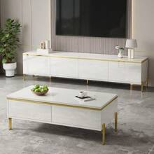 Moderno conjunto de mueble de TV y mesa de centro de lujo, superficie de color sólido de alto brillo, bordes dorados, generoso espacio de almacenamiento. - Blanco - Ver 6