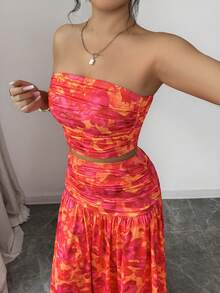 abyoxi 女士橙红色印花无肩带褶皱露脐上衣和飘逸长裙两件套，春夏装 - 橘色 - 查看 3
