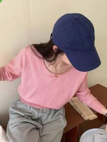 女士休闲纯色落肩圆领长袖毛衣 粉色 - 粉色 - 查看 7