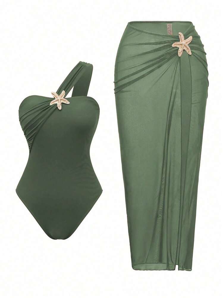 Fashionable High-End Beach Resort Summer Sexy Black One-Piece Swimsuit With Star Accessories Skirt Set Vacation - Green - View 2