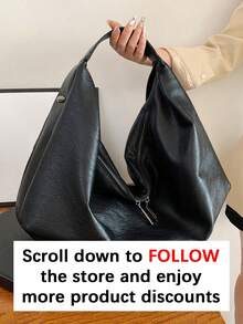 Fashionable Minimalist Soft Leather Shoulder Bag, Large Capacity, Can Be Used As Handbag Or Crossbody Bag, Solid Color Design, Suitable For Daily Use. Vintage Style Large Capacity Shoulder Bag, PU Material Handbag, Women's Casual Shoulder Bag/Underarm Bag, Suitable For Shopping, Commuting, Work And School, Suitable For College Students, White-Collar And Young Professionals. - Black - View 2