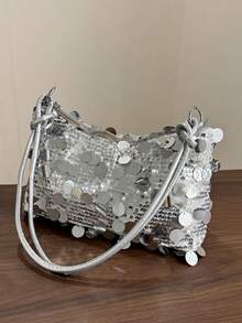 1pc Gold-Tone Glittery Crescent Moon Sha Pe PVC Shoulder Bag For Women - Silver - View 4