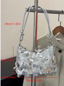 1pc Gold-Tone Glittery Crescent Moon Sha Pe PVC Shoulder Bag For Women - Silver - View 6