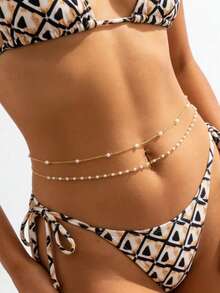 2条波西米亚风仿珍珠双层腰链，适合女性性感派对、海滩、日常佩戴、节日礼物 - 金色 - 查看 3