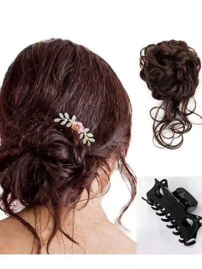 优雅卷发发垫，时尚蓬松发圈，加长发髻，凌乱别致夹式发圈发髻，自然蓬松发圈，适合长发女性，假发套装，马尾发夹 - 轻松夹上即可打造蓬松造型，发饰，卷发装饰