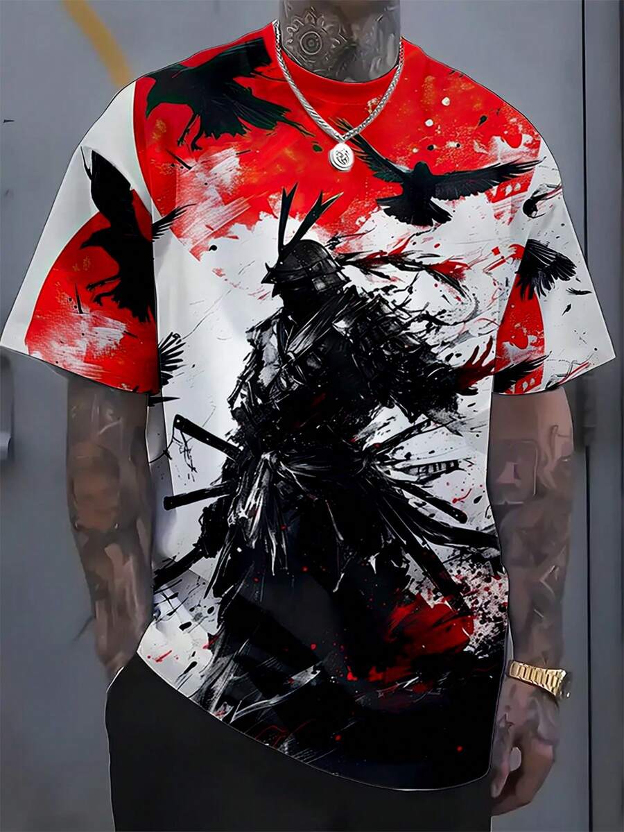 3D Digital Samurai Ghost Hand Print Adults T-Shirt, Comfortable Stretchy Crew Neck Short Sleeve Tee, Regular Fit, Suitable For Spring - White - View 1