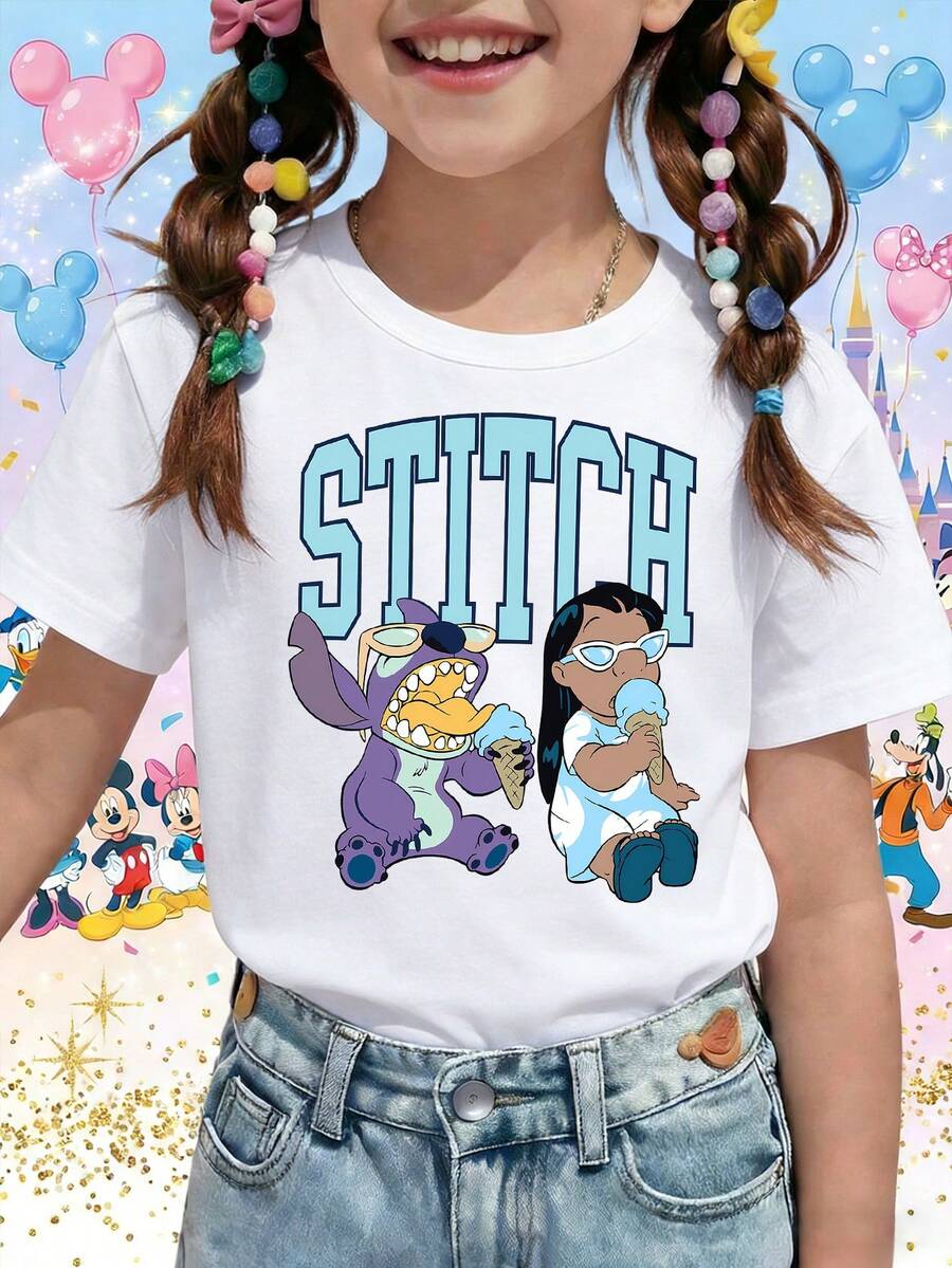 Disney Lilo & Stitch Eating Ice Cream Funny Summer Vibes Printed Pattern T-Shirts For Girls - Children's Clothing Design Short-Sleeved Casual And Cute Style Comfortable And Casual Wear All Year Round Suitable For Parties And Play Machine Washable Gift Children's Clothing Girls' Short-Sleeved Shirts - 白色 - 查看 1