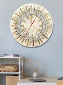 木质大理石纹金色水晶挂钟，静音圆形木质挂钟，适用于卧室、客厅、办公室、厨房装饰（不含AA电池） - 彩色 - 查看 6