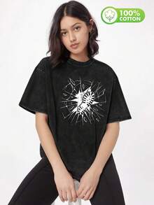 Camiseta unisex 100% algodón desgastada vintage, estampado gráfico estilo Y2K, look trendy y actual, tejido suave con gran comodidad, corte amplio, prenda versátil y perfecta para regalar. - Negro - Ver 4