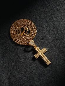 Fully Rhinestone Cross Pendant Necklace - Metal Chain Hiphop Necklace, Luxury Fashion Personalized Accessory - Gold - View 12