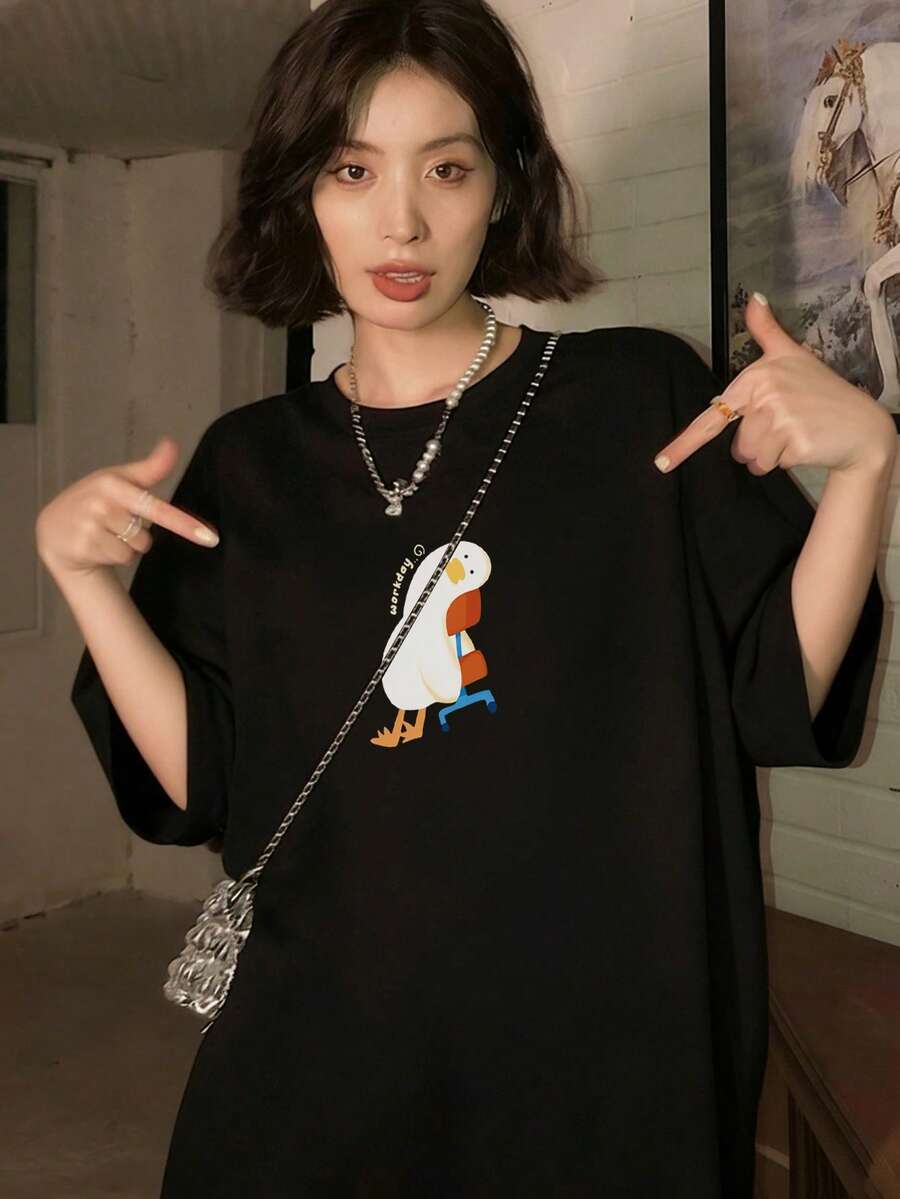 女士宽松圆领短袖字母卡通鸭子印花T恤，春夏休闲黑色 - 黑色 - 查看 1