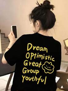 女士宽松圆领短袖字母印花T恤，春夏款 - 黑色 - 查看 3