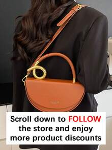 Niche Artificial Leather Design Women's Handbag, Fashionable Retro Textured Crossbody Bag, Solid Color Multifunctional Underarm Saddle Bag - Brown - View 3