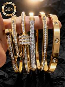 Znice 2026 New 18K Gold Plated Stainless Steel Sparkling Floral Rhinestone Bracelet Set, Fashionable Waterproof Tarnish Resistant, Christmas/Valentine's Day Gift For Parents, Daughter, Son - Gold - View 9