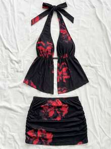 女士个性印花两件套 - 黑红配色，露背上衣，褶皱迷你裙，沙滩风 - 彩色 - 查看 4