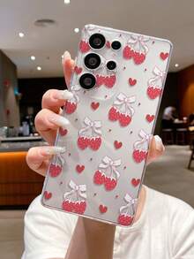 1pc Heart-Shaped Cherry Pattern Android Phone Case, Precise Cutout Lens Protection Suitable For Samsung Galaxy S25 Ultra/Galaxy S24 Ultra/S24/S23 Ultra/A56 5G/A55 5G/A52s 5G/A26 5G, Nothing, Pixel, Protective Cover - Clear - View 2