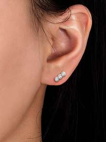 1 Pair S925 Sterling Silver Minimalist Three-Diamond Stud Earrings, Women's Tiny Sparkling Fresh Sweet Elegant Earrings, Exquisite Holiday Gift - Round - View 3