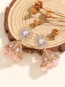 1 Đôi bông tai thời trang, bông tai vàng đính pha lê thanh lịch với hạt ngọc bích hồng và tua rua, thích hợp cho phụ nữ và bé gái đeo hàng ngày, dự lễ hội, đám cưới và tiệc tùng/Quà tặng trang sức - Cổ điển - Xem 5